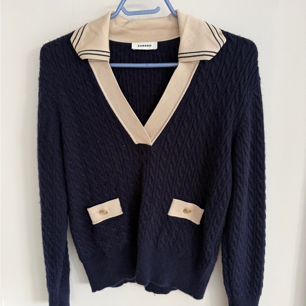 Sandro Navy and Beige V-Neck Sweater
